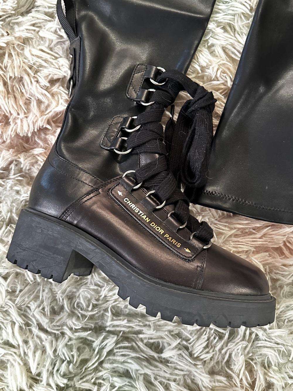 New Dior Over The Knee Lug Sole Black Leather Combat Boots Size 38 - Picture 4 of 8